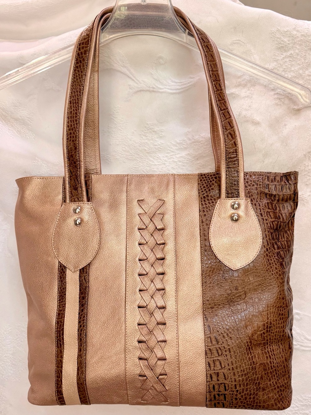 NWOT Women's Metallic Bronze Leather Tote Bag with Woven Detail H0011